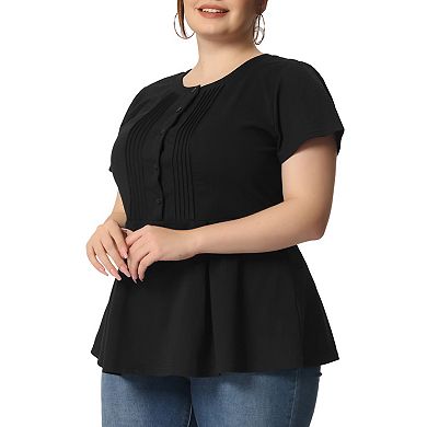 Women's Plus Size Summer Tops Round Neck Button Front Short Sleeve Work Peplum Blouse T-Shirt