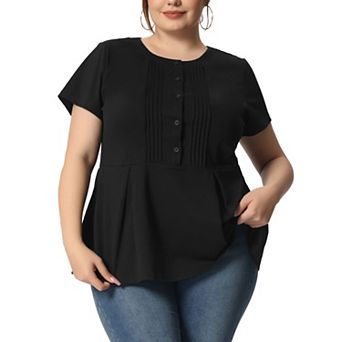 Women's Plus Size Summer Tops Round Neck Button Front Short Sleeve Work Peplum Blouse T-Shirt