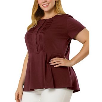 Women's Plus Size Summer Tops Round Neck Button Front Short Sleeve Work Peplum Blouse T-Shirt
