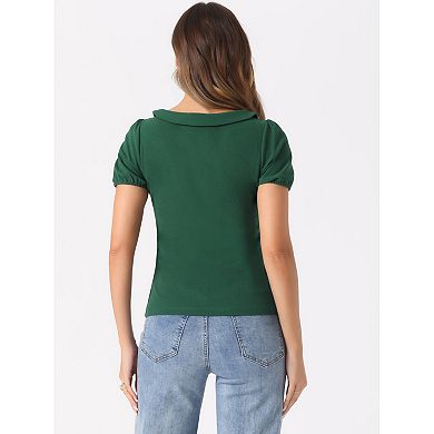 Women's Bow Neck Solid Short Sleeve Peter Pan Collar Blouse