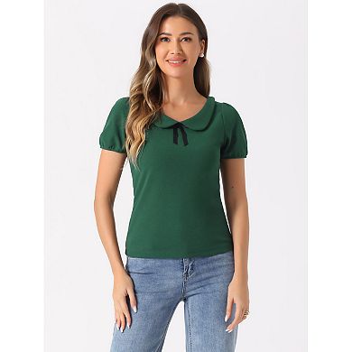 Women's Bow Neck Solid Short Sleeve Peter Pan Collar Blouse