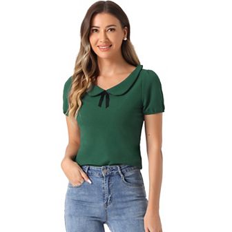 Women's Bow Neck Solid Short Sleeve Peter Pan Collar Blouse