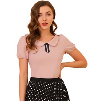 Women's Bow Neck Solid Short Sleeve Peter Pan Collar Blouse