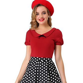 Women's Bow Neck Solid Short Sleeve Peter Pan Collar Blouse