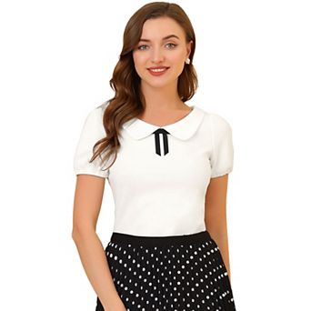 Women's Bow Neck Solid Short Sleeve Peter Pan Collar Blouse