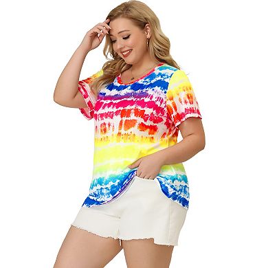 Women's Plus T-shirts Round Neck Multi Color Dye Casual Tops