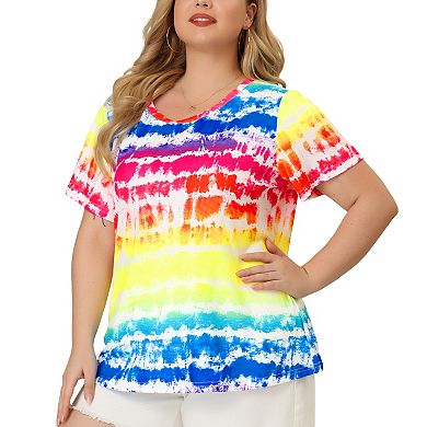 Women's Plus T-Shirts Round Neck Multi Color Dye Casual Tops