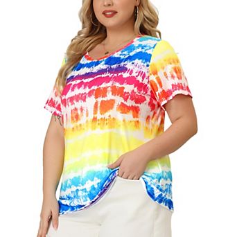 Women's Plus T-Shirts Round Neck Multi Color Dye Casual Tops