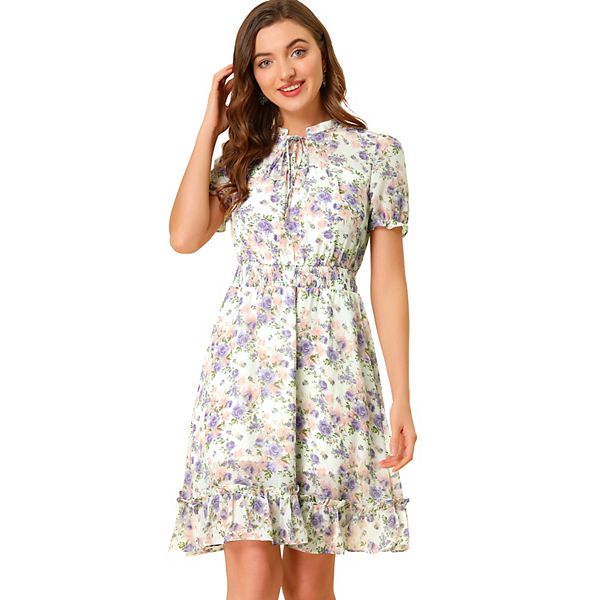 Women's Floral Ruffle Hem Short Sleeve A-Line Smocked Chiffon Dress