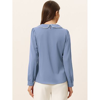 Women's Peter Pan Collar Shirt Crochet Trim Long Sleeve Chiffon Work Office Blouse