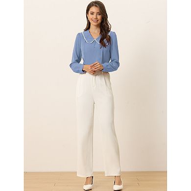 Women's Peter Pan Collar Shirt Crochet Trim Long Sleeve Chiffon Work Office Blouse