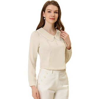 Women's Peter Pan Collar Shirt Crochet Trim Long Sleeve Chiffon Work Office Blouse