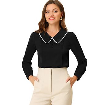 Women's Peter Pan Collar Shirt Crochet Trim Long Sleeve Chiffon Work Office Blouse