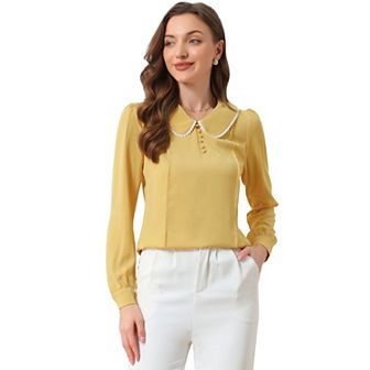 Women's Peter Pan Collar Shirt Crochet Trim Long Sleeve Chiffon Work Office Blouse