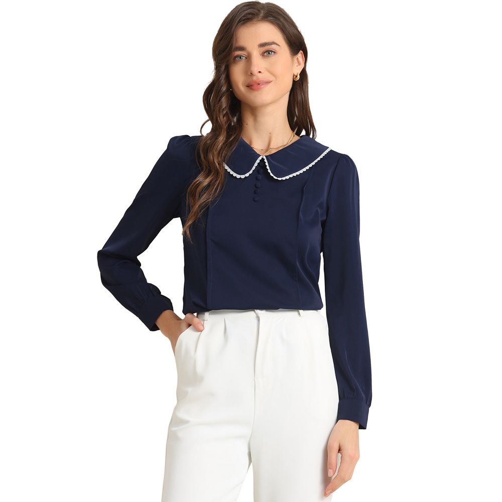 Women's Peter Pan Collar Shirt Crochet Trim Long Sleeve Chiffon