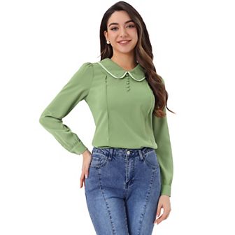 Women's Peter Pan Collar Shirt Crochet Trim Long Sleeve Chiffon Work Office Blouse