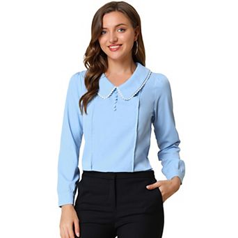 Women's Peter Pan Collar Shirt Crochet Trim Long Sleeve Chiffon Work Office Blouse