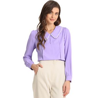 Women's Peter Pan Collar Shirt Crochet Trim Long Sleeve Chiffon Work Office Blouse