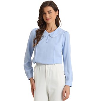 Women's Peter Pan Collar Shirt Crochet Trim Long Sleeve Chiffon Work Office Blouse