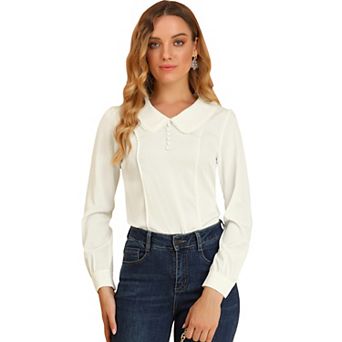 Women's Peter Pan Collar Shirt Crochet Trim Long Sleeve Chiffon Work Office Blouse