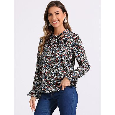 Women's Floral Tie V Neck Blouse Chiffon Ruffle Trumpet Top