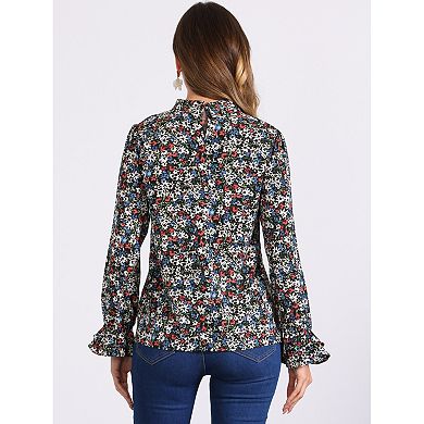 Women's Floral Tie V Neck Blouse Chiffon Ruffle Trumpet Top