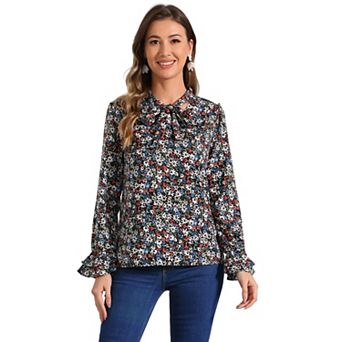 Women's Floral Tie V Neck Blouse Chiffon Ruffle Trumpet Top