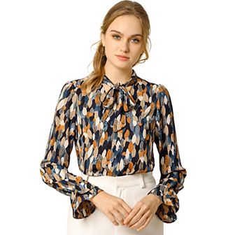 Women's Floral Tie V Neck Blouse Chiffon Ruffle Trumpet Top
