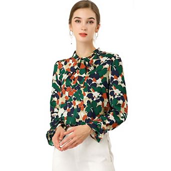 Women's Floral Tie V Neck Blouse Chiffon Ruffle Trumpet Top