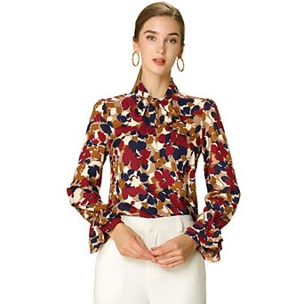 Women's Floral Tie V Neck Blouse Chiffon Ruffle Trumpet Top