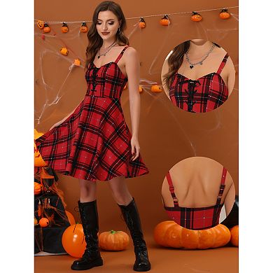 Women's Plaid Lace Up Sleeveless Adjustable Strap Party A-Line Dress