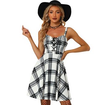 Women's Plaid Lace Up Sleeveless Adjustable Strap Party A-Line Dress