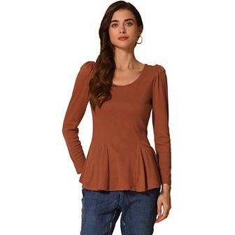 Women's Long Sleeves Scoop Neck Casual Peplum Shirt Tops