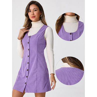 Women's Corduroy Button Down Scoop Neck Pockets Casual Pinafore Overall Dress