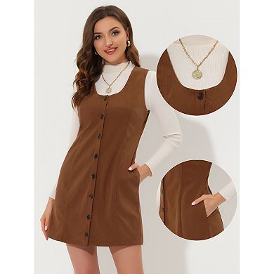 Women's Corduroy Button Down Scoop Neck Pockets Casual Pinafore Overall Dress
