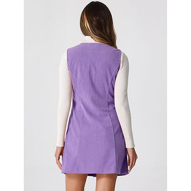 Women's Corduroy Button Down Scoop Neck Pockets Casual Pinafore Overall Dress