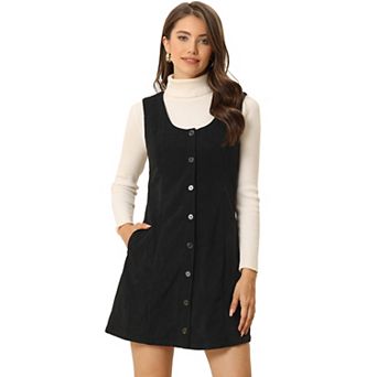 Women's Corduroy Button Down Scoop Neck Pockets Casual Pinafore Overall Dress