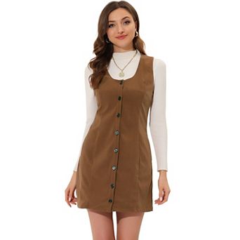 Women's Corduroy Button Down Scoop Neck Pockets Casual Pinafore Overall Dress