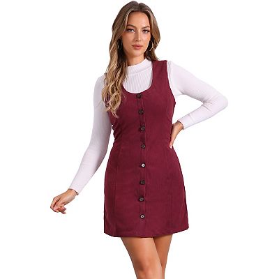 Women's Corduroy Button Down Scoop Neck Pockets Casual Pinafore Overall  Dress