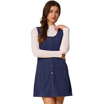 Women's Corduroy Button Down Scoop Neck Pockets Casual Pinafore Overall Dress
