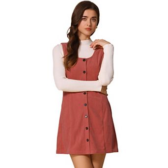Women's Corduroy Button Down Scoop Neck Pockets Casual Pinafore Overall Dress