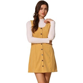 Women's Corduroy Button Down Scoop Neck Pockets Casual Pinafore Overall Dress