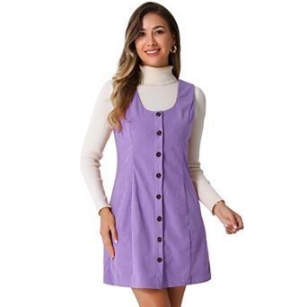 Women's Corduroy Button Down Scoop Neck Pockets Casual Pinafore Overall Dress