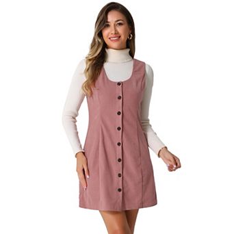 Women's Corduroy Button Down Scoop Neck Pockets Casual Pinafore Overall Dress