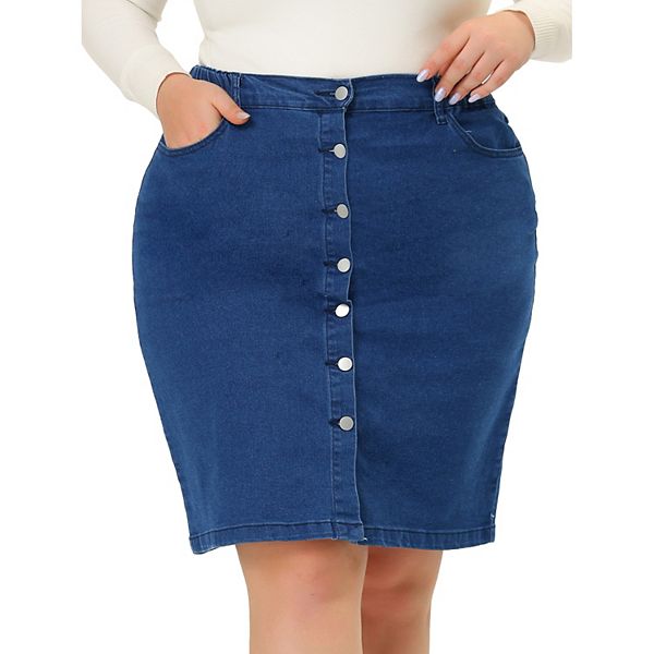 Plus Size Denim Skirt for Women Casual Mini Pockets Button Jean a Line