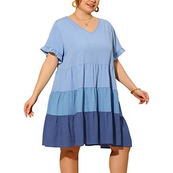 Women's Plus Size Babydoll Ruffle Short Sleeve Loose Flowy Swing Hem Chambray V Neck Mini Dress