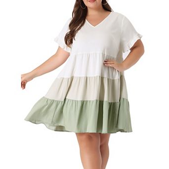 Women's Plus Size Babydoll Ruffle Short Sleeve Loose Flowy Swing Hem Chambray V Neck Mini Dress