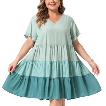 Women's Plus Size Babydoll Ruffle Short Sleeve Loose Flowy Swing Hem Chambray V Neck Mini Dress