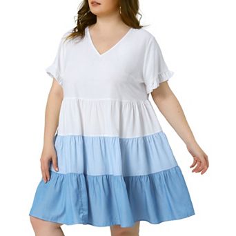 Women's Plus Size Babydoll Ruffle Short Sleeve Loose Flowy Swing Hem Chambray V Neck Mini Dress