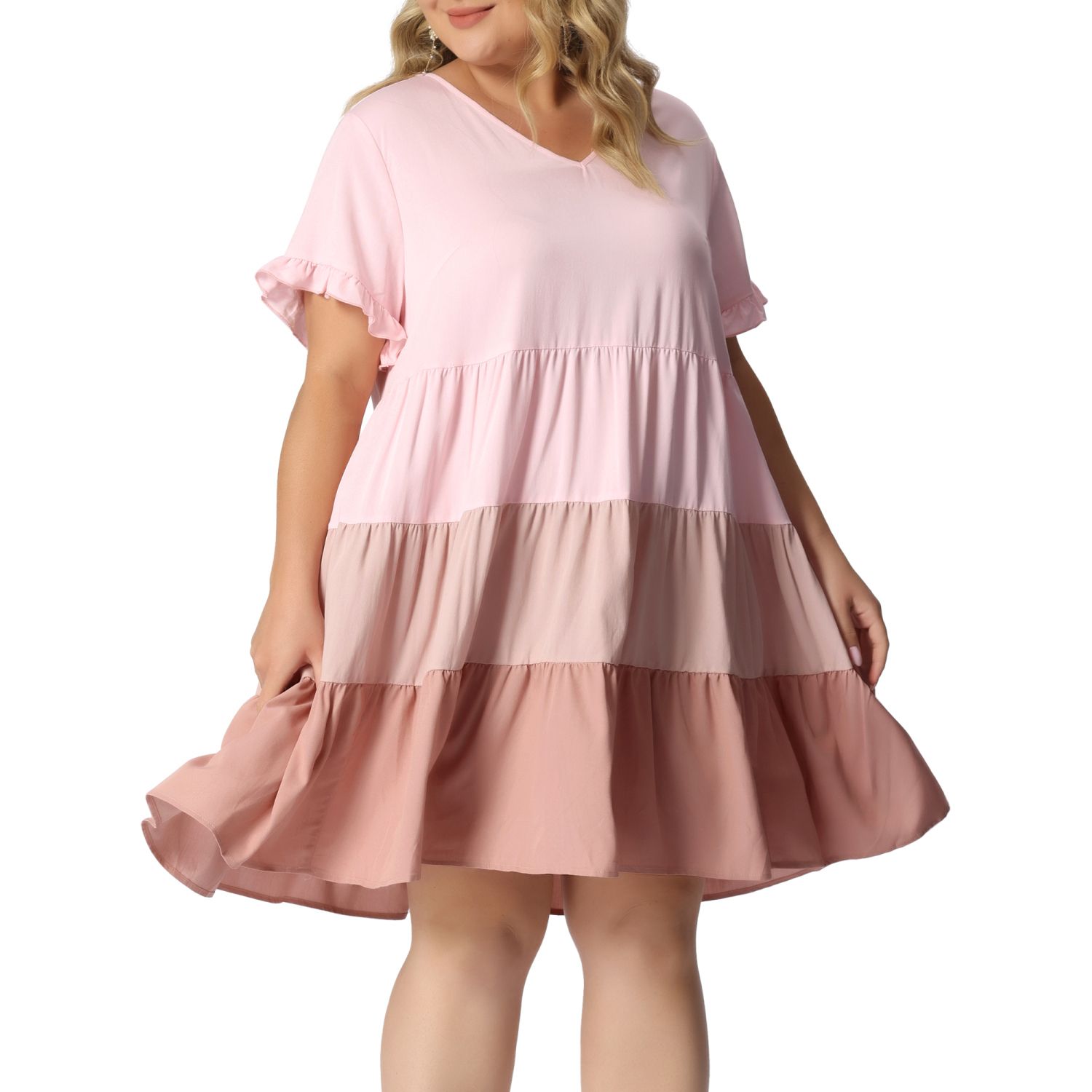 Женские платья Plus Size Babydoll Ruffle Short Sleeve Loose Flowy Swing Hem Chambray V Neck Mini Dress